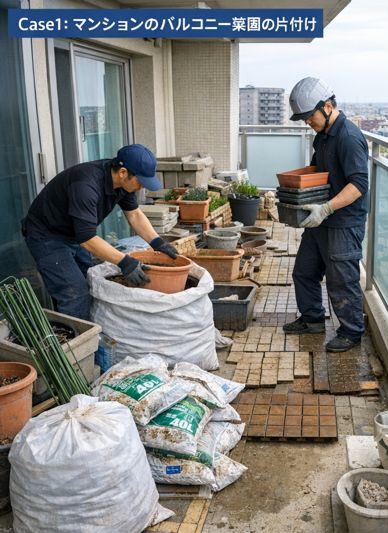 バルコニーの土やプランターを片付けている作業風景