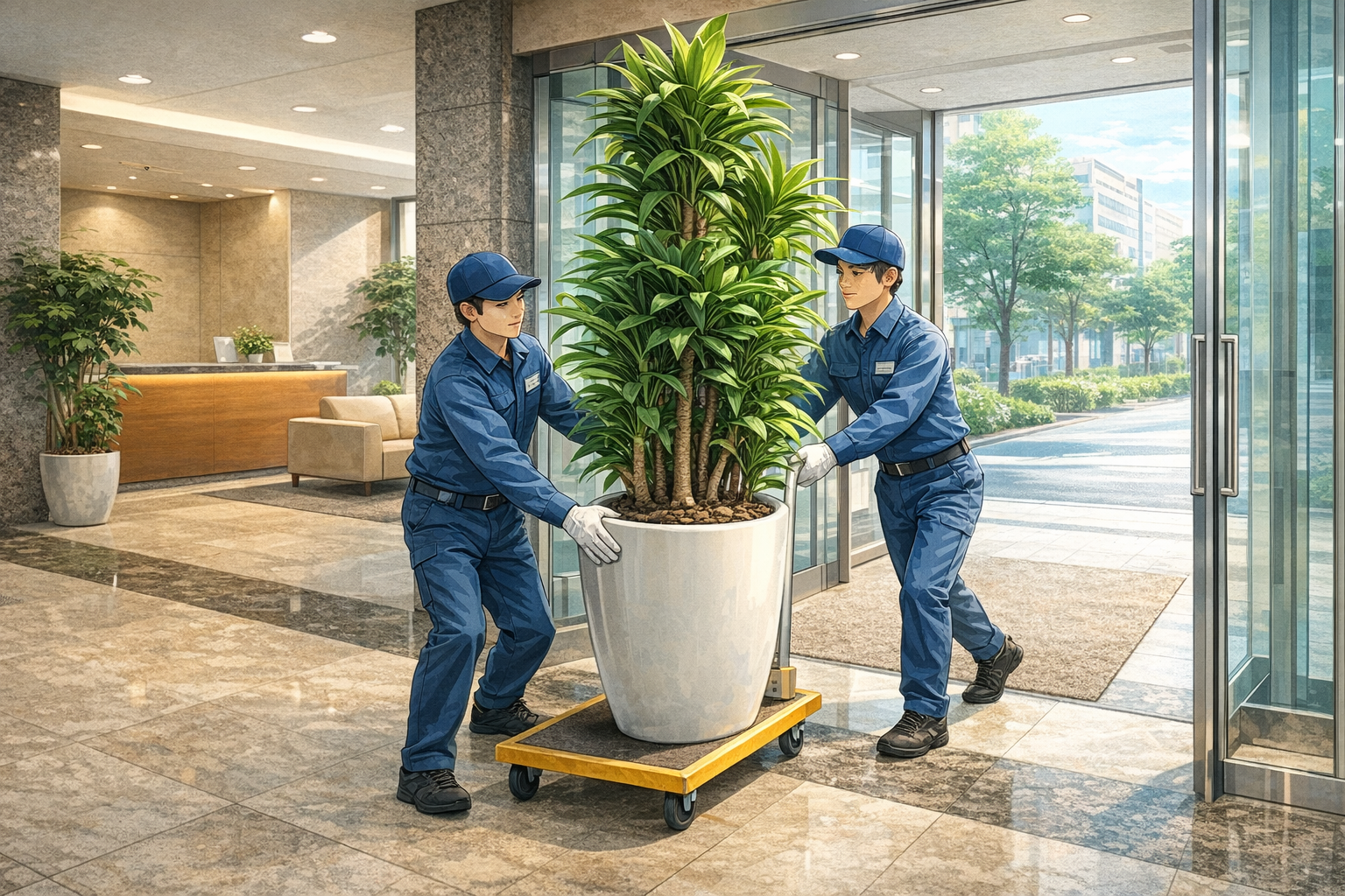 オフィスのエントランスで大型の鉢を運び出している作業風景