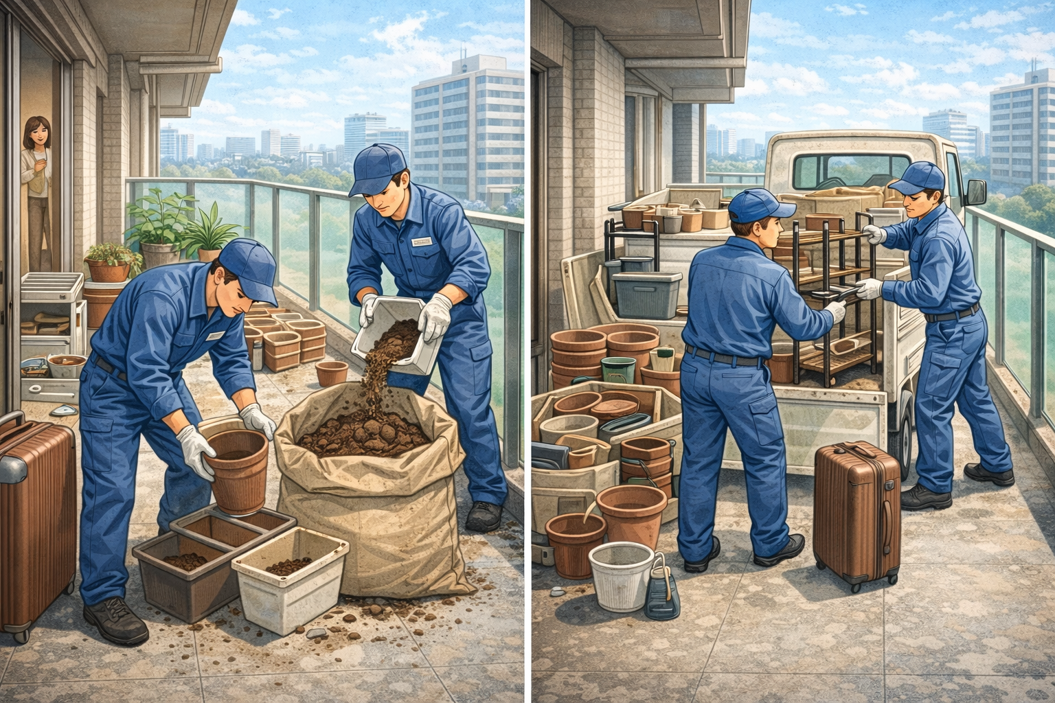 マンションのバルコニーで不用品を回収している作業風景