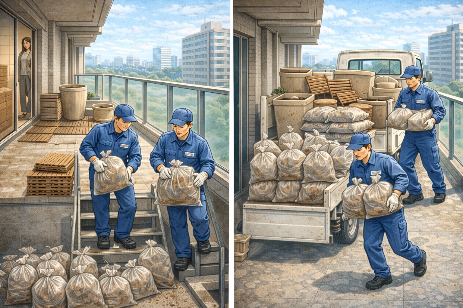 タワーマンションのバルコニーで不用品を運び出している作業風景