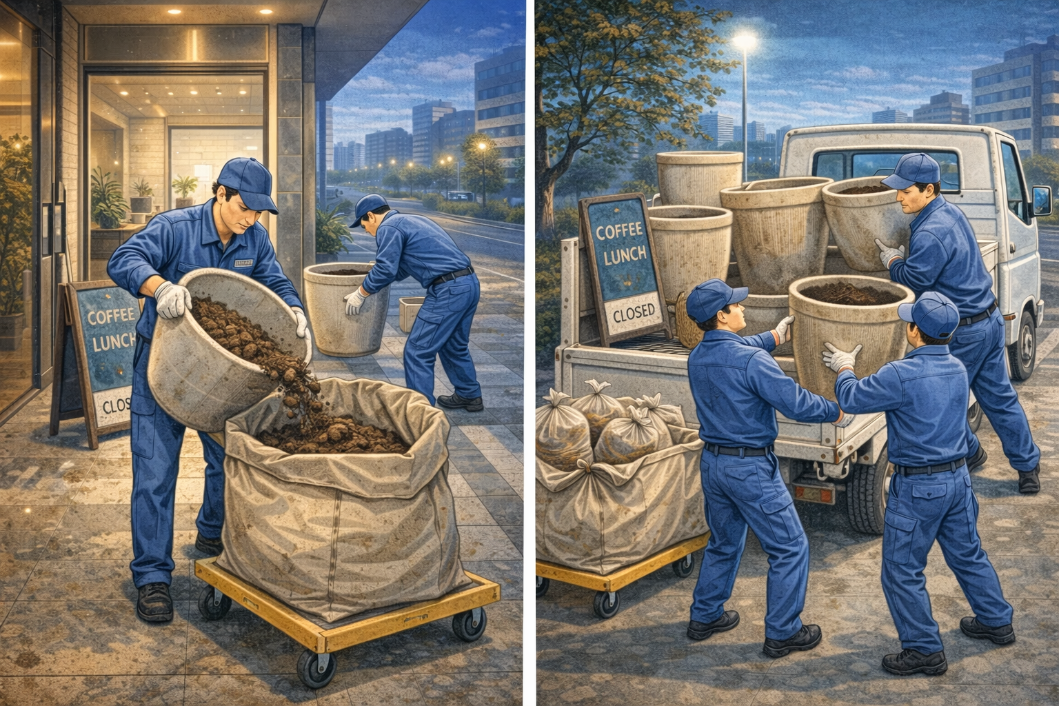 店舗の前で大型の植木鉢をトラックに積み込んでいる作業風景