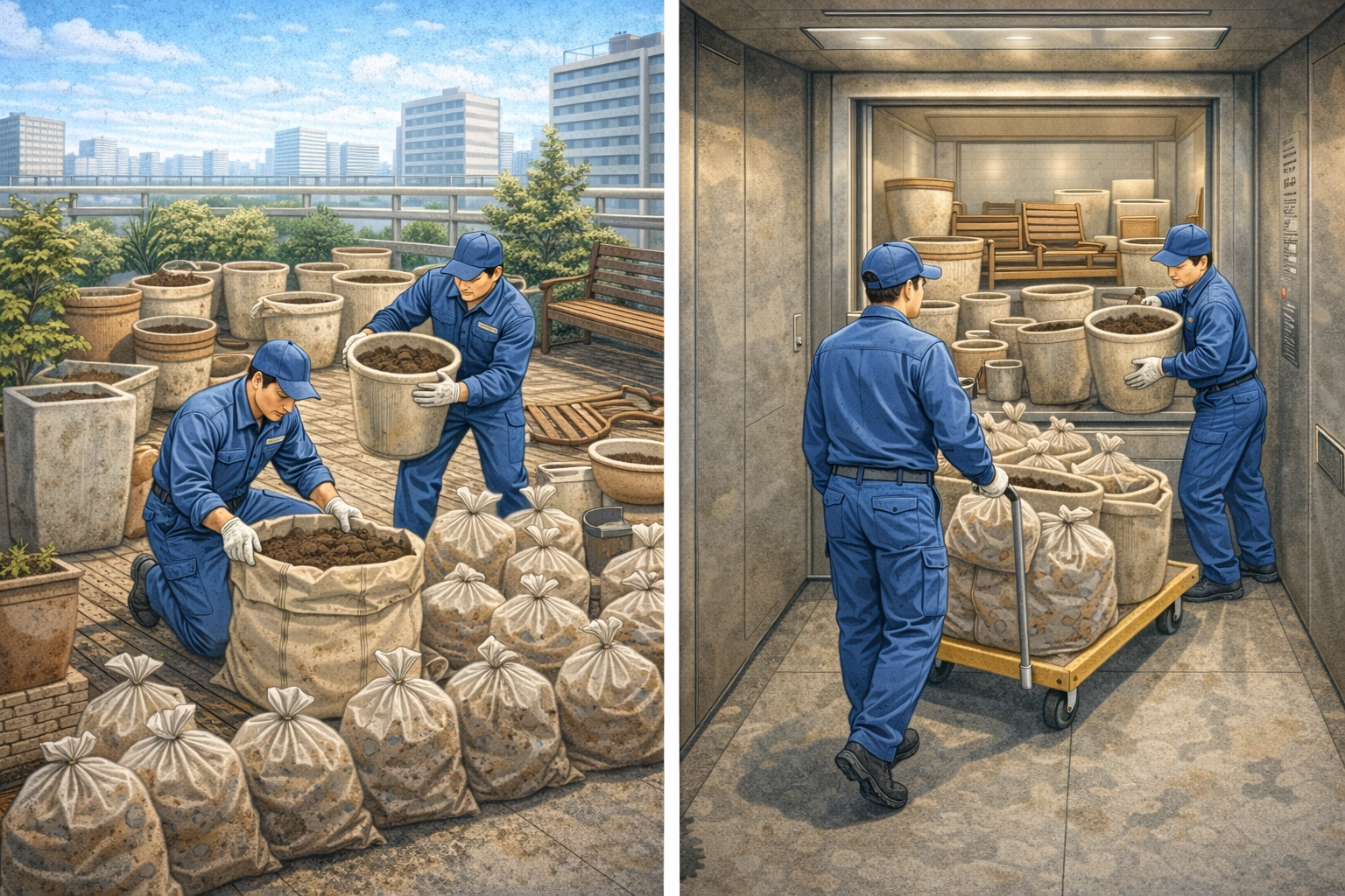 ビルの屋上でプランターや土を片付けている作業風景